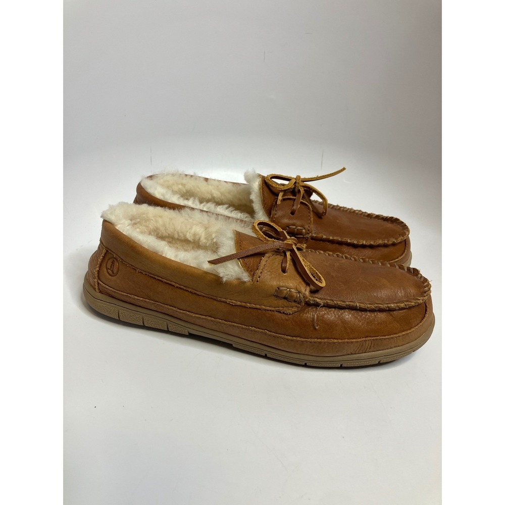 Lands' End cognac house slippers faux fur lined men's size‎ 11D neutral cozy